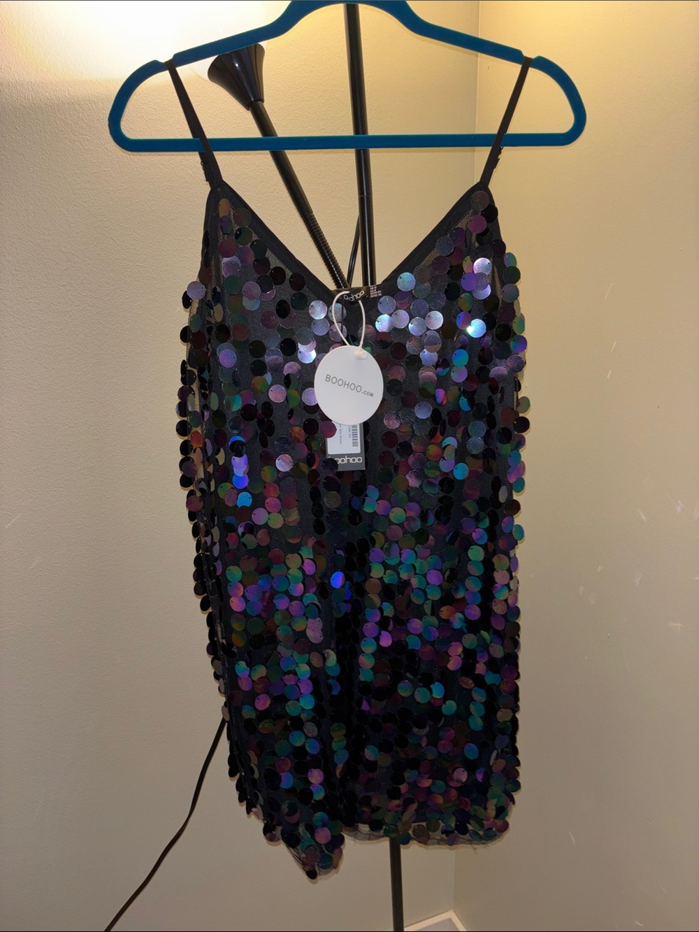 Boohoo Black Sequin Slip Dress with Iridescent Multi-Colored Discs Size 8